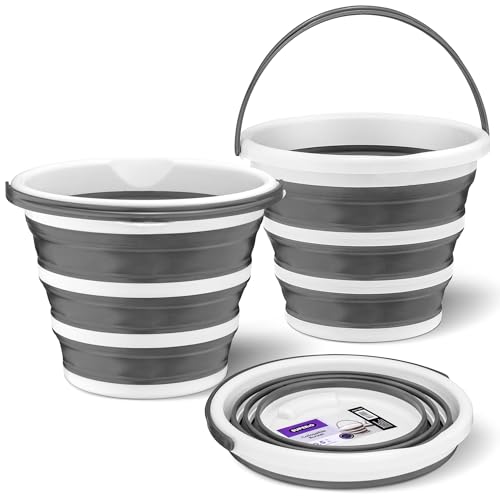 Image of Superio Collapsible Bucket 2 Gallon Bucket with Handle Grey Car Wash Bucket Small Foldable Silicone Pail for Camping, Fishing, Cleaning, Mopping, 10 Liter, 2