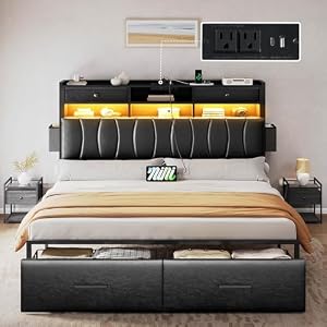 DWVO Full Size Bed Frame with 2 Storage Drawers and Charging Station, Linen Upholstered Bed with Storage Headboard and LED Light, Heavy Duty Metal Support, No Box Spring Needed, Noise Free,