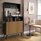 Cantinho do Café com Nichos e Portas - Aparador Multiuso com Ganchos para Xícaras e Pés em Madeira - Design Moderno e Compacto para Cozinha ou Sala (Preto/Ripado (Pintado))