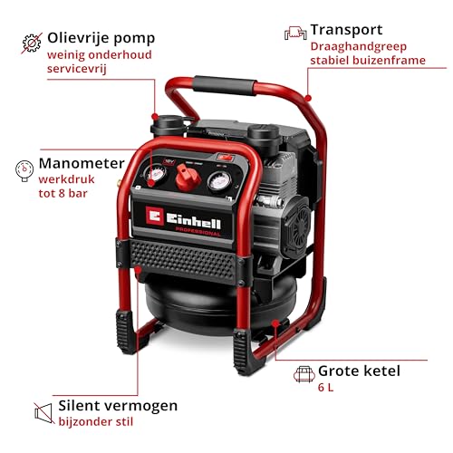 Einhell PROFESSIONAL Accu Compressor SILENZZO 18/160 Li Power X-Change (18 V, max. 8 bar, inhoud tank: 6 liter, aanzuigcapaciteit: 160 l/min, Manometer, olievrij, bijzonder stil, zonder accu) - Afbeelding 4