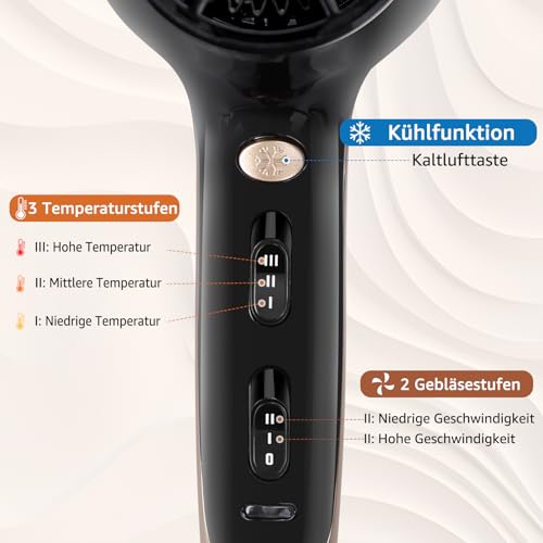 Foto von Aigostar Profi Haartrockner Ionen 2400W Föhn mit Diffusor für Locken, Schnelles Trocknen Haarföhn, 3 Heiz 2 Geschwindigkeitsstufen, Föhn für Haarsalon Zuhause und Reisen, Schwarz