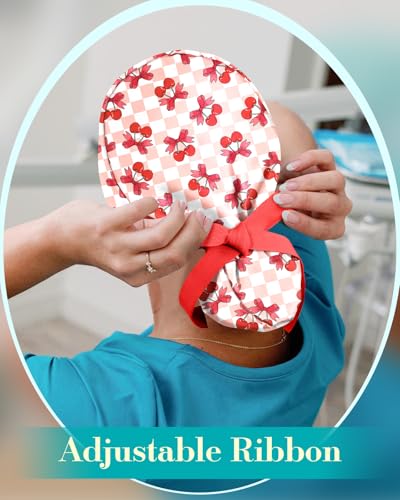 Plifal Scrub Cap Adjustable with Sweatband & Buttons - 100% Cotton Cute Cherry Surgical Nurse Working Cap Women Scrub Bonnet, Surgeon Head Cap & 2 Satin Scrunchies for Medical Work Accessories - Thumbnail 4