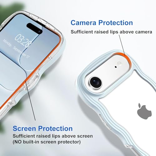 Image of GoldKart iPhone 17 Air Case Wavy Edge Clear Back Design, Anti-Slip Grip Cute Wave Curly Frame Shape Shockproof Soft TPU & Hard PC Bumper Protective Phone Case Cover for Women Girls - Light Blue