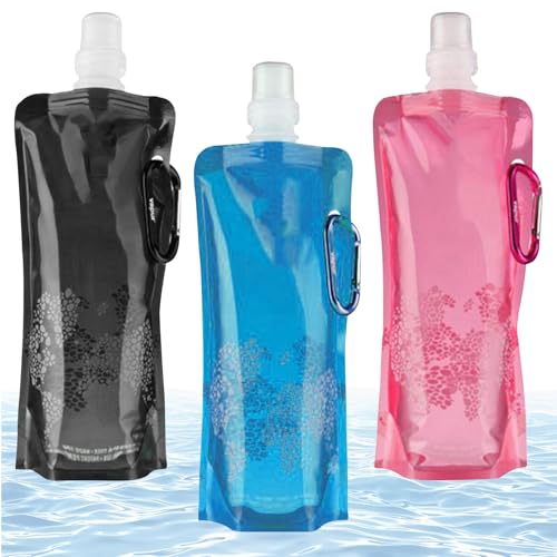 Lot de 3 gourdes pliables - Gourde pliable portable - Avec mousqueton - Bouteille d'eau pour le cyclisme en plein air, la randonnée, l'aventure, les voyages, unisexe adulte (500 ml)