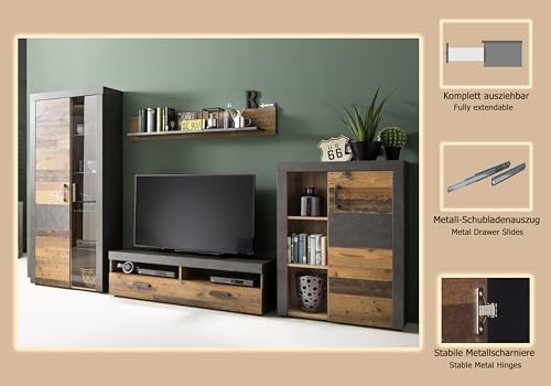 trendteam smart living - Indy - Wohnwand - Eiche/Grau - Anbauwand mit Stauraumvitrine, Stauraumelement, TV-Unterschrank und Wandboard - (BxHxT) 343 x 189 x 40 cm - antikfarbene Griffe