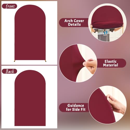 Image of Burgundy Arch Cover 6.6FT Spandex Fitted Wedding Arch Stand Covers Round Top Chiara Arch Covers Stretchy Backdrop Cover for Birthday Party Ceremony Banquet Decoration