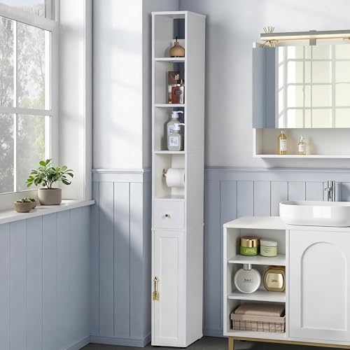 VECELO Narrow Bathroom Storage Cabinet, 67" Tall Cabinet Organizer with Toilet Paper Holder, Anti-Tip Device, 3 Adjustable Shelves, Drawer & Magnetic Door for Small Spaces, White
