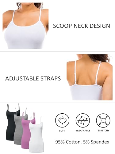 Image of Long Cotton Camisole Tank Tops for Women | Basic Braless Layering Tops with Adjustable Spaghetti Straps