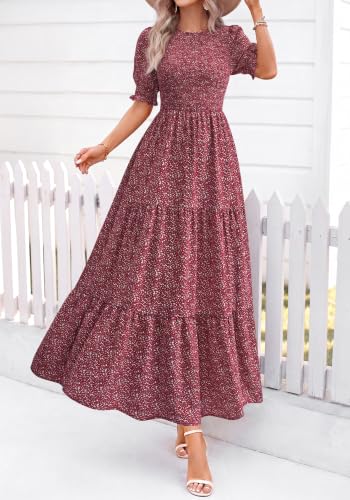 BTFBM Women Casual Summer Dresses 2026 Spring Crew Neck Ruffle Short Sleeve Smocked Floral Boho Flowy Maxi Dress Clothes(Floral Wine Red White, Large) — view 6