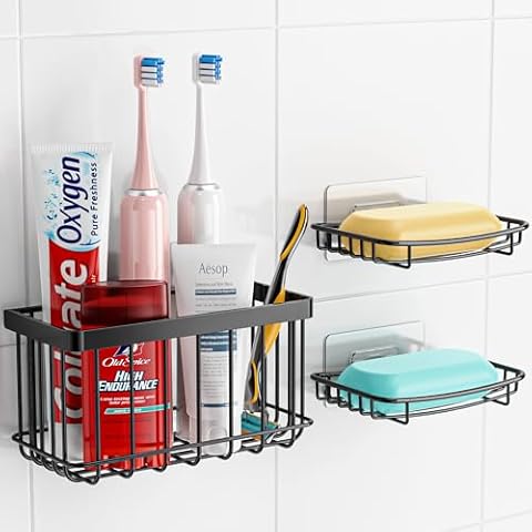 MAXIFFE Bathroom Accessory Set, 3 PCS Versatile Organizer and Soap Holder Set, Stainless Steel Shower Soap Holder, Waterproof Toothbrush Holder, Bathroom Accessories for Bathroom Kitchen Sink, Black Cover