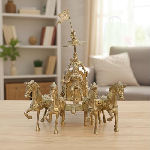 Image of Arjuna Rath Geeta Mahabharat Chariot with Krishna Ji and Hanuman Ji Brass Statue | 7 Inch | Vastu Remedy | Vastu Pital Showpiece | Decorative Arjuna Rath with Four Horses