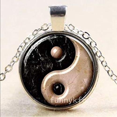 Yin Yang Glass Pendant Necklaces, Chakra pendants with Alloy Chains, Flat Round with Silver chain, 18" Inches - (Yin Yang Style 1)
