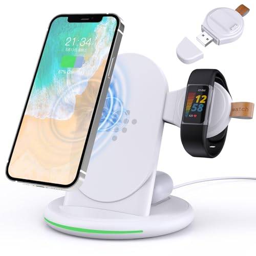 KOJACMUR 3 in 1 Charger for Fitbit Charge 6/5/Fitbit Luxe,Wireless Charging Station Compatible for iPhone 14/12 Pro Max/13/11/15, for Samsung Galaxy S23+ S21, for AirPods Pro/3 (White)