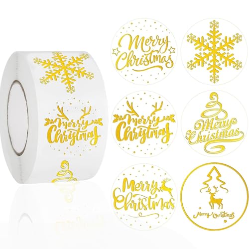 500pcs Round Christmas Stickers 2.5cm Gold Christmas Sticker Roll Merry Christmas Round Self Adhesive Stickers for Card Making Sealing Envelopes Wrapping Presents Christmas Party Sticker Decoration