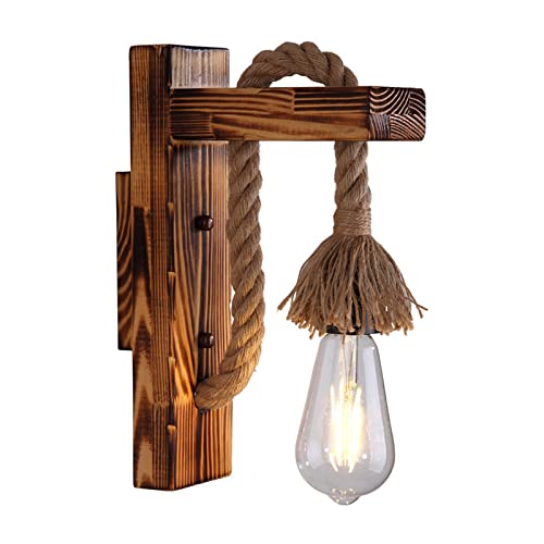 Lámpara de pared de madera americana E27 con cuerda de cáñamo vintage luz de noche dormitorio