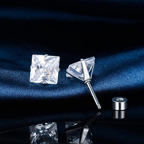 Titanium Screw Back Pack Of Earrings Square Faux Cz Diamond Studs For Women Men Surgical Stainless Steel Cubic Zirconia Princess Cut Hypoallergenic For Sensitive Ears Helix Piercing Post #TOP4