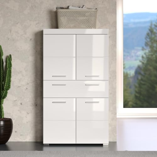 trendteam smart living - Amanda - Hochschrank - Weiß Hochglanz - Badezimmerschrank breit mit 4 höhenverstellbaren Einlegeböden - (BxHxT) 73 x 130 x 31 cm - 4 Fächer und eine große Schublade
