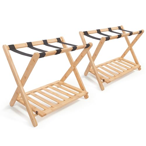 woodluv 2 x Wooden Folding Luggage Rack Suitcase Stand Wooden Luggage Stand Backpacks 68.5 x 43 x 57cm