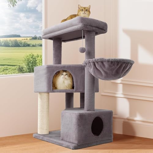 Gardner Pet Rascador para Gatos de 105 cm con Poste de Sisal, Árbol para Gatos Ultra-Estable de 4 Niveles con Diseño Anti-Oscilante, Posaderos Superiores Lavables, Castillo para Gato, Gris