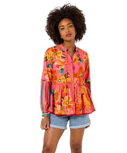 Joe Browns Women's Bold Floral Printed Peplum Hem Long Sleeve Top, Relaxed, Pink, UK 16