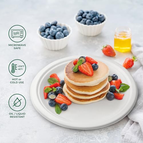 Image of Freshware Paper Plates - Disposable 9 inch Plate, 125-Pack Biodegradable Sugarcane Fiber Dinner Plates - Heavy Duty Dinnerware for Hot Food - Microwave & Freezer Safe, Stackable Dinnerware