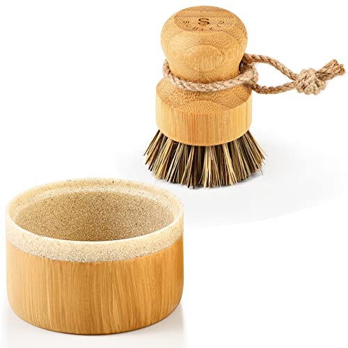 SUBEKYU Bamboo Dish Brush with Soap Holder, Wooden Dish Scrubber with Soap Dispenser, Washing Cast Iron Pans/Dishes/Sinks, 1 Pack