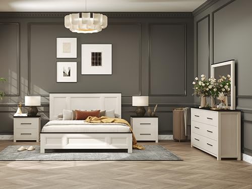 Roundhill Furniture Realynn 5-Piece Wood Bedroom Set, Queen Size Panel Bed with Dresser, Mirror, and 2 Nightstands, Off-White Finish