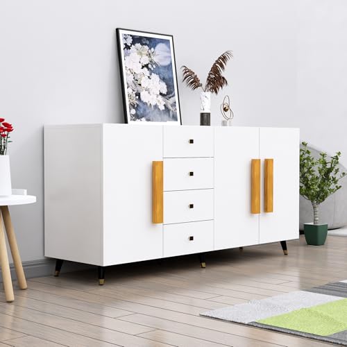 Image of Bniture Wooden Sideboard Cabinet for Living Room | Wooden Storage Cabinet with 3 Door & 4 Drawers | Engineered Wood Multipurpose Cabinet with Spacious Shelves for Home & Office | Frosty White