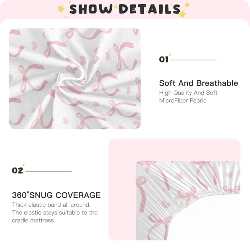 Image of Fitted Crib Sheets Coquette Pink Ribbon Bow Stretchy Portable Playard Sheets for Baby Toddler, Breathable Soft Mini Crib Mattress 39 x 27 in for Boys and Girls