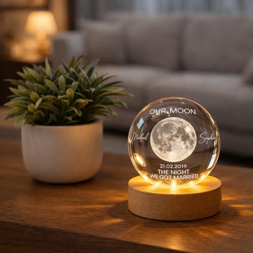 Image of Evamall Custom Moon Phase Crystal Ball Night Light, Personalized LED Crystal Globe for Couples, Wedding Anniversary Keepsake, Valentine's Day Gift, The Night We Got Married