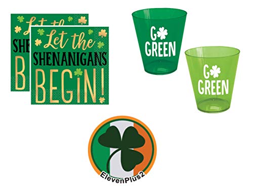 St. Patrick’s Day Shot Glasses and Napkins: 40 “GO GREEN” Shot Glasses, Let The Shenanigans Begin Shamrock Napkins and an Exclusive ElevenPlus2 St. Paddy’s Button
