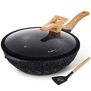 COOKLOVER Nonstick Woks And Stir Fry Pans Die-cast Aluminum Scratch Resistant 100% PFOA Free Induction Wok pan with Lid 12.6 Inch – Black