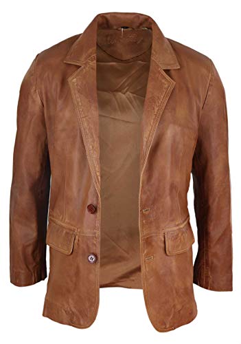 Mens Regular Fit Classic Real Leather 2 Button Tan Brown Blazer Jacket Vintage - Tan Xxl #TOP4