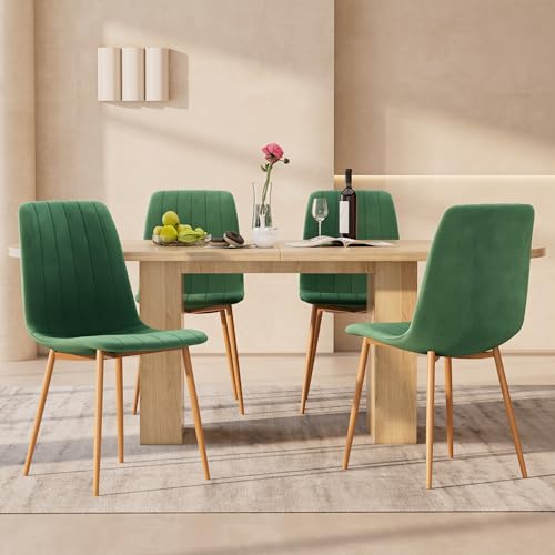 HAIZAO Dining Chairs Set of 4, Modern Kitchen Dining Room Chairs, Ergonomic Velvet Dining Chair Upholstered Cushion Seat and Sturdy Metal Legs (Green with Wooden Legs)