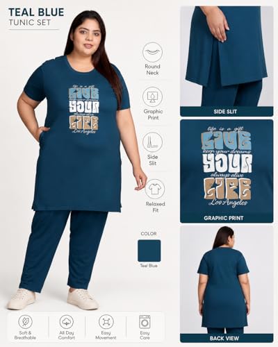 Image of In Love Women Cotton Regular Fit Plus Size Long-Line Chest Print T-Shirt with Pocket
