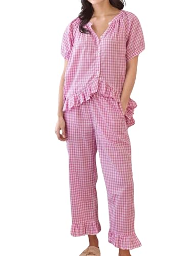 Womens Gingham Pajama Set 2 Piece Short Sleeve Babydoll Shirt and Pants Lounge Set Cute Sleepwear