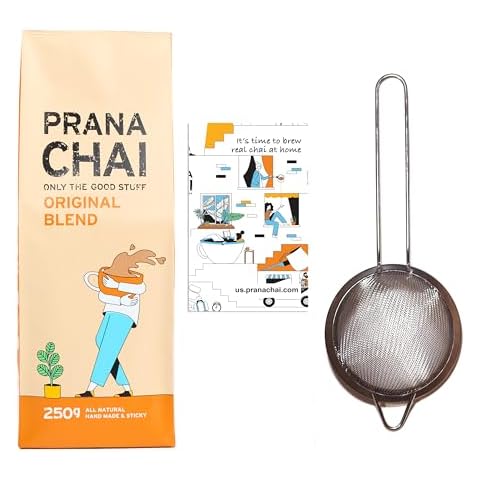 Prana Chai Masala Blend 250 gram + Fine Mesh Tea Strainer. Brew Chai and Strain at home with included 3 inch fine mesh strainer Cover