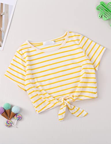 Huanye Tie Dye T Shirts For Girls Short Sleeve Tees Casual Striped Summer Crop Tops 2 Pack Blouse, Yellow Strap + Tie Dye, 4-5T #TOP3