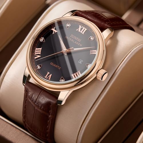 Image of ZUNPAI Men's Quartz Watch, 41mm Large Face, Leather Strap, Waterproof with Date Display, Luminous Analog Calendar