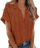 VVK Women's Button Up Shirts Cotton Short Sleeve Blouses V Neck Casual Tunics Solid Color Tops Caram