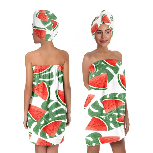 QIULIBMH Watermelon Leaf Print Bath Wrap and Hair Drying Towel Set for Women – Microfiber Quick Dry Shower Body Wrap, Absorbent Spa Skirt with Elastic Band (Watermelon 3)