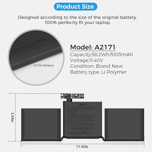 Image of A2171 Battery,A1708 A1713 Battery for MacBook Pro 13 Inch A2159 (2019) A2289 (2020) A2338 (2020) A1708 Late 2016 Mid 2017(Upgraded High Performance 11.41V 58.19Wh 5100mAh)