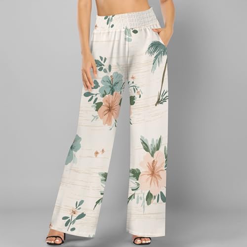 Women's Casual Floral Print High Waisted Wide Leg Pants Summer Vacation Elegant Loose Palazzo Pants with Pockets3