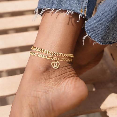Image of Dainty Gold Ankle Bracelets for Women 14K Gold Plated Heart Initial Anklets for Women Stackable Cuban Figaro Chains Women's Anklets Anklets for Women Waterproof