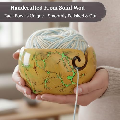 Image of Lichtenberg Figure Yarn Bowl - Handmade Wooden Yarn Bowl for Knitting Yarn Ball Holder - Yarn Bowls with Holes Crochet Bowl Holder - Yarn Storage Bowl 7 inch x 4 inch inches (Green-B)