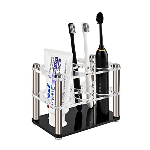 Faibaeelly Toothbrush Holders For Bathrooms, Premium Acrylic Stainless Steel Toothbrush And Toothpaste Holder, Open Design Multifunctional Bathroom Counter Organizer, Clear/Black/Silver #TOP26