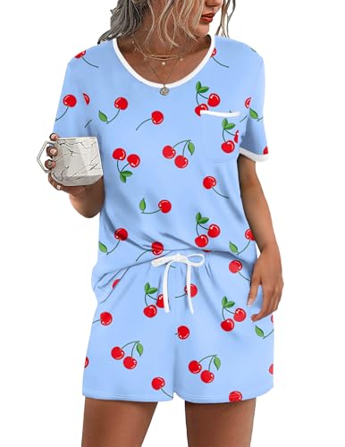 Image of Ekouaer Pajama Set for Women 2 Piece Lounge Set Short Sleeve Tops and Shorts Soft Sleepwear, Chest Pocket