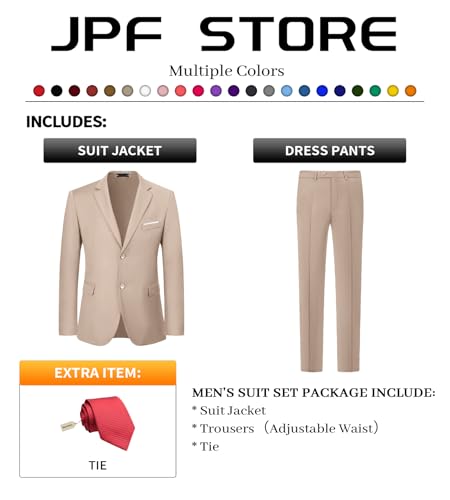 JPF Men's 2 Piece Slim Fit Suit Set, Two Button Solid Jacket Pants with Tie Suits for Men2