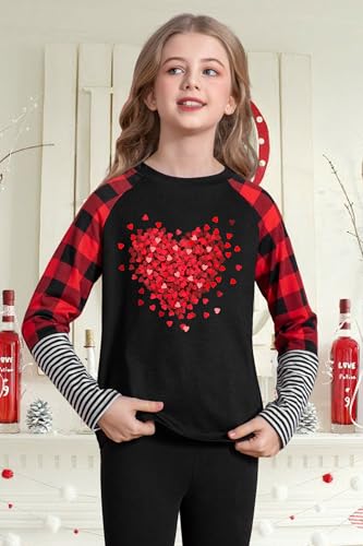 Image of LAZYCHILD Kids Valentine Shirt Girls Valentines Day Shirts Heart Graphic Long Sleeve Striped Tee Tops 5-14 Years