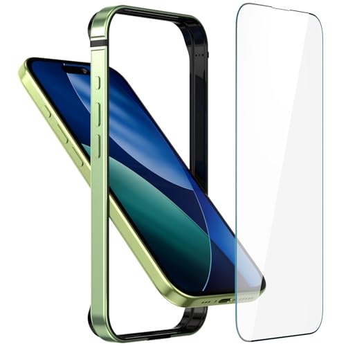 Metal Bumper Case for iPhone 17, Aluminum Frame Slim Case [Soft Silicone Inner Bumper][Raised Edge Protection] HD Tempered Glass Screen Protector Cover for iPhone 17 Light Green